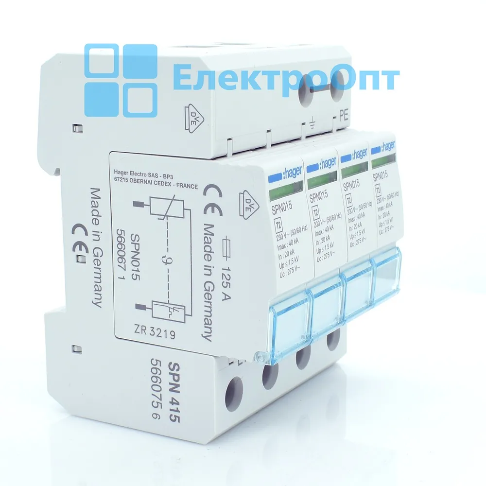 Hager Розрядник класу 2, 4п, 40kA, Up<=1,25kB SPN415