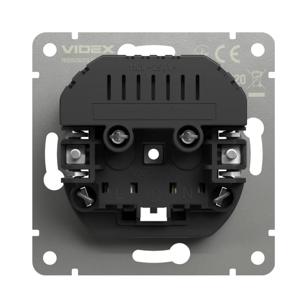 Розетка одинарна із заземленням USB-A+C 20W вугільно-чорна VIDEX NOTA VF-NT-SK1GUC-BL
