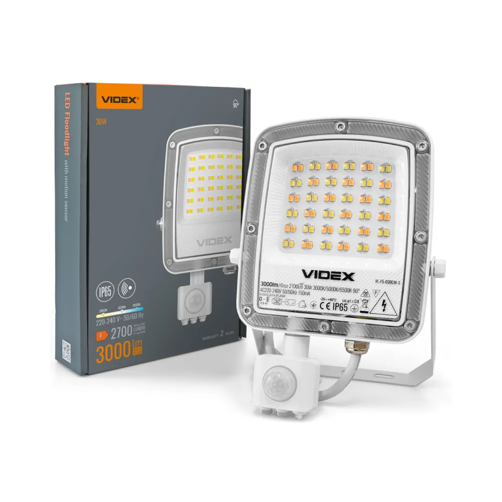 LED прожектор VIDEX 30W 300-5000-6500K 230V белый с датчиком движения VL-F5-030CW-S