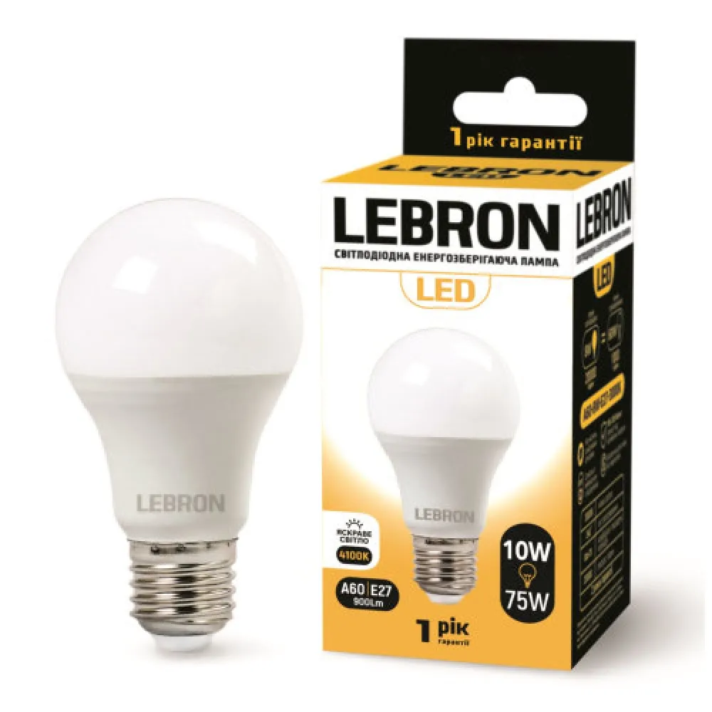 LED лампа Lebron L-A60 10W E27 4100K 900Lm угол 240 11-11-32
