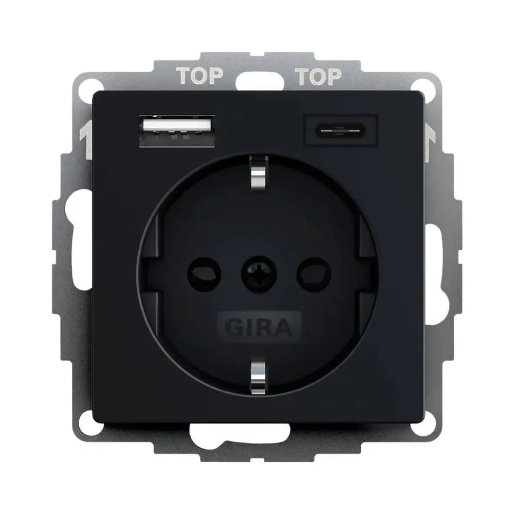 Розетка Gira System 55 з заземленням + 2хUSB A-С чорний матовий 2459005