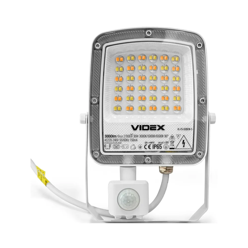 LED прожектор VIDEX 30W 300-5000-6500K 230V белый с датчиком движения VL-F5-030CW-S