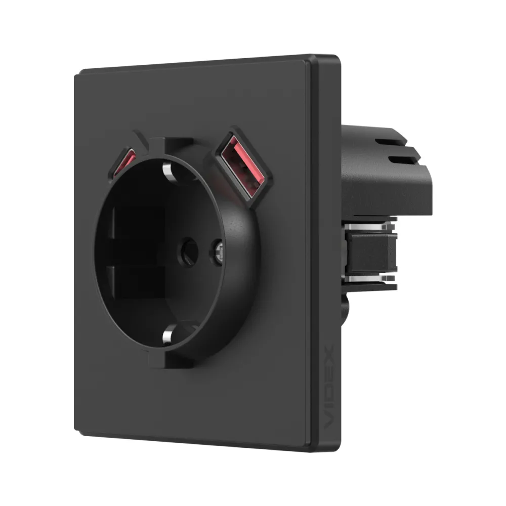 Розетка одинарна із заземленням USB-A+C 20W вугільно-чорна VIDEX NOTA VF-NT-SK1GUC-BL