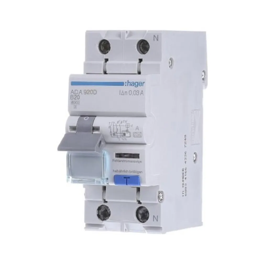 Дифференциальный автомат Hager 1P+N 6kA B-20A 30mA тип A ADA920D
