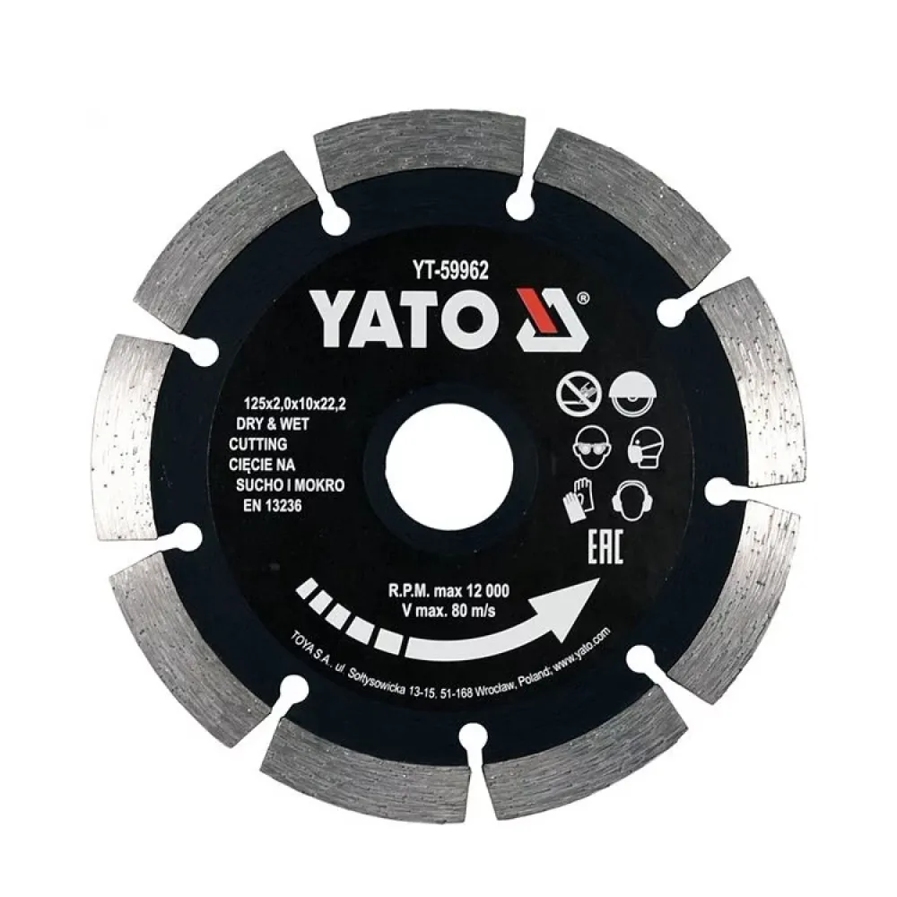 Диск обрізний алмазний по каменю і бетону YATO Ø=125x2x10x22.2 мм YT-59962