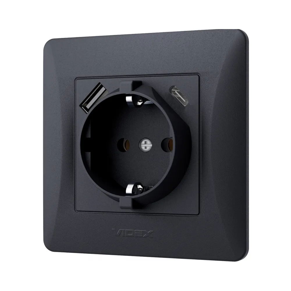 Розетка одинарная с заземлением VIDEX BINERA с USB+USB-C черный графит VF-BNSK1GUC-BG