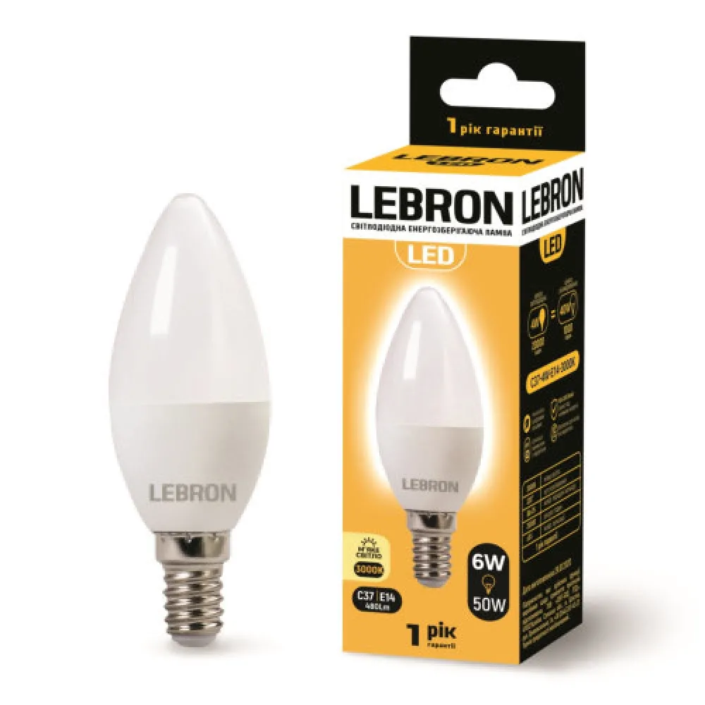 LED лампочка Lebron L-C37 6W 220V E14 3000K 480Lm 11-13-19
