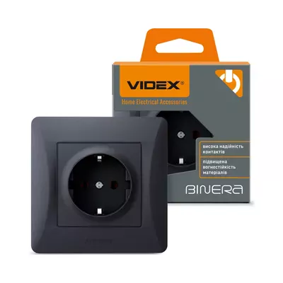 Розетка одинарная с заземлением VIDEX BINERA черный графит VF-BNSK1G-BG