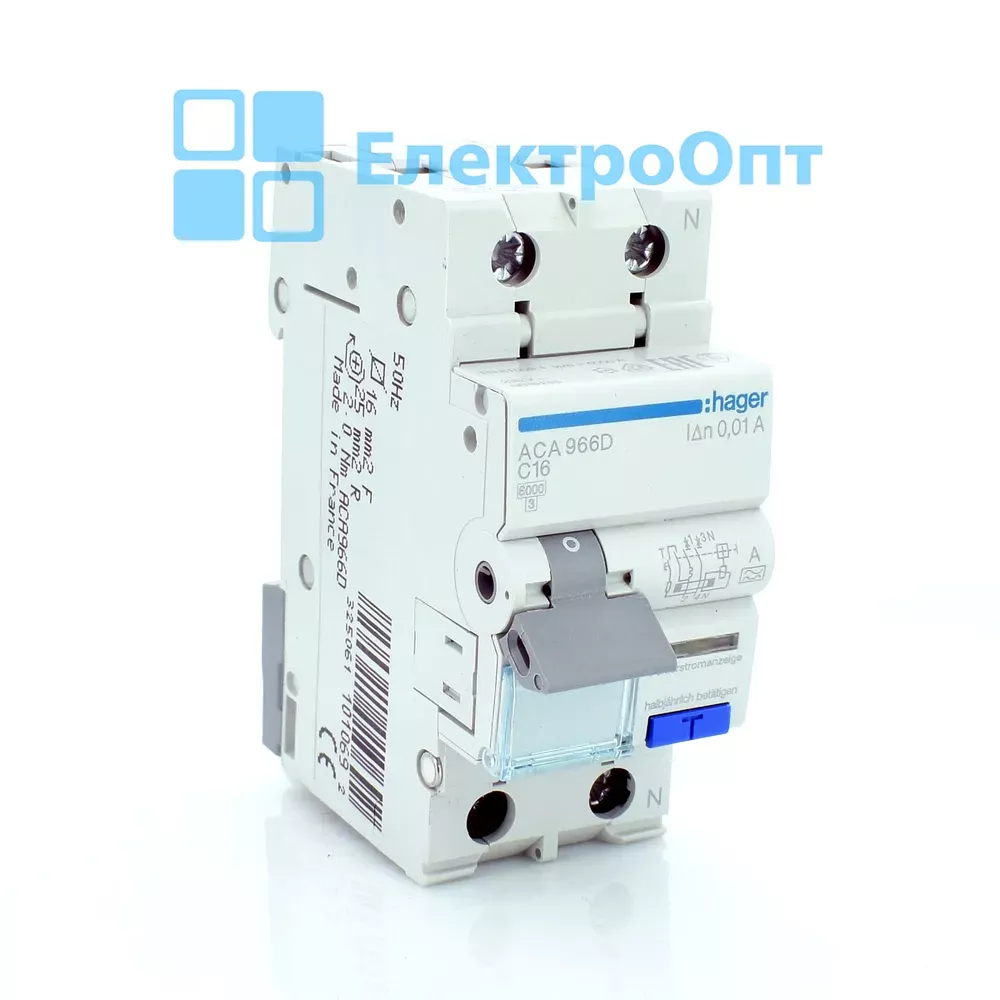 Hager Диференційний автомат Тип A 10mA 1P+N C-16A 6kA ACA966D
