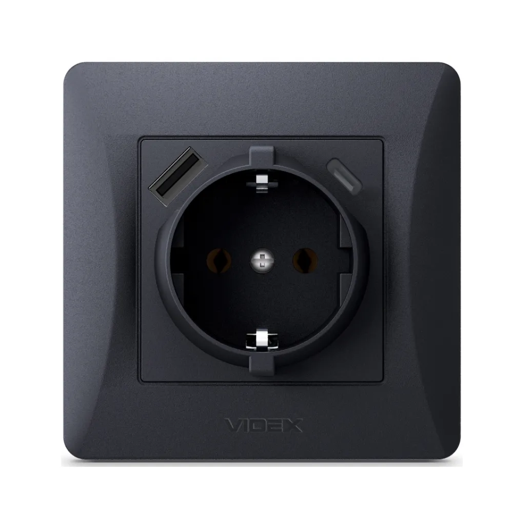 Розетка VIDEX BINERA одинарна із заземленням з USB+USB-C чорний графіт VF-BNSK1GUC-BG