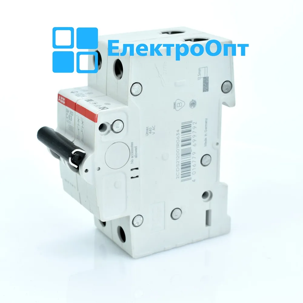 ABB Автоматичний вимикач, 6kA, 2p, SH202-C63