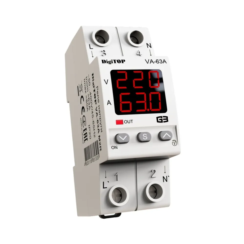 Реле напряжения DigiTOP 63А (max 80A) с контролем тока VA-63A M2R
