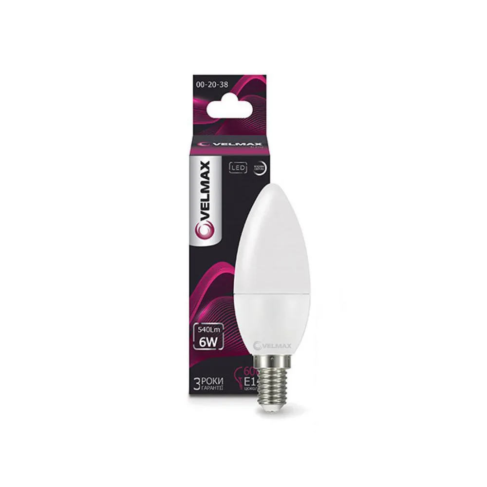 LED лампочка Velmax V-C37 6W 220V E14 4100K 540Lm 21-13-20
