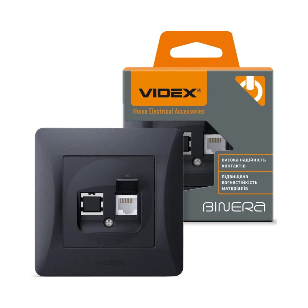 Розетка CAT6 одинарная компьютерная черный графит VIDEX BINERA VF-BNSK1PC6-BG