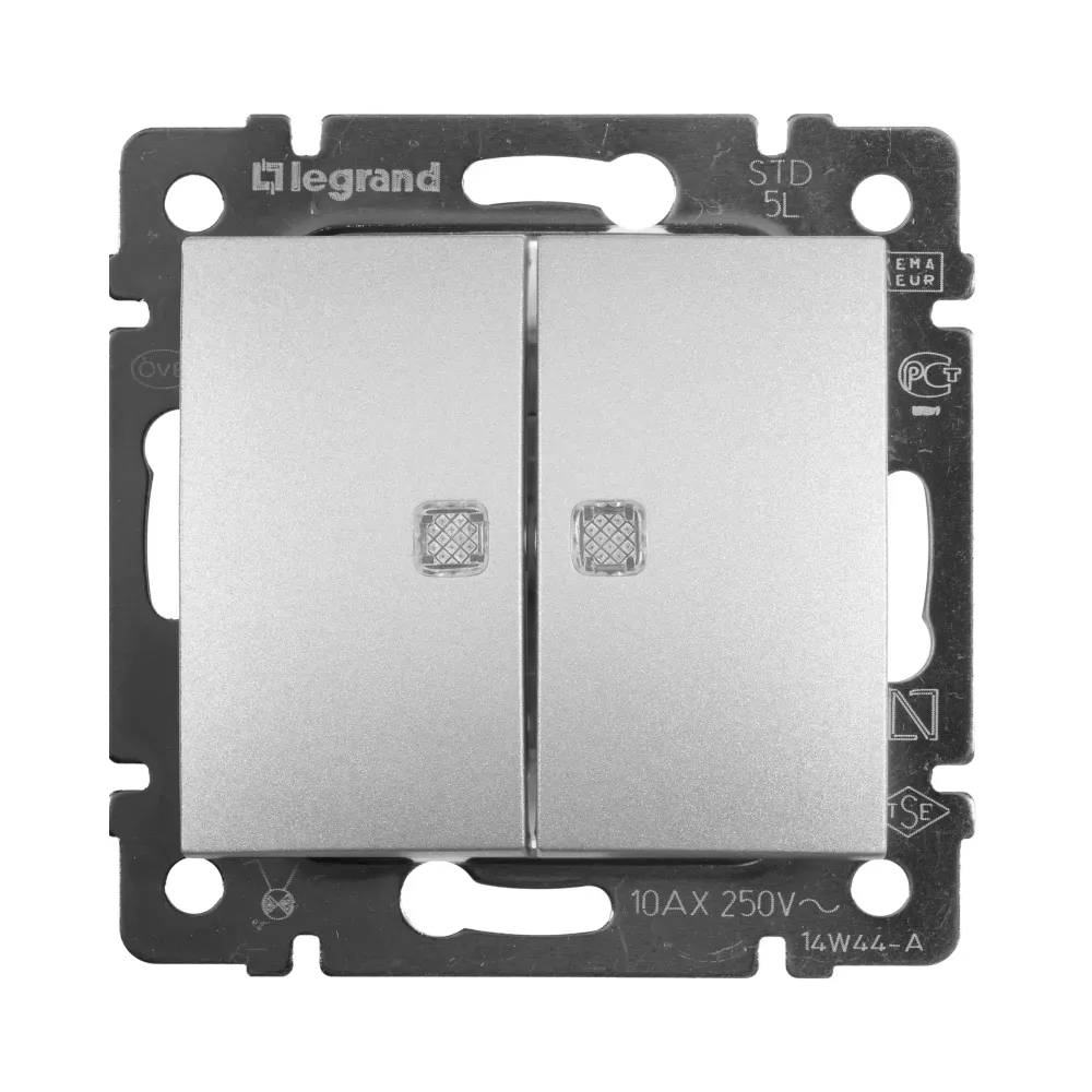 Выключатель Legrand Valena Classic двухклавишный с подсветкой алюминий 770128