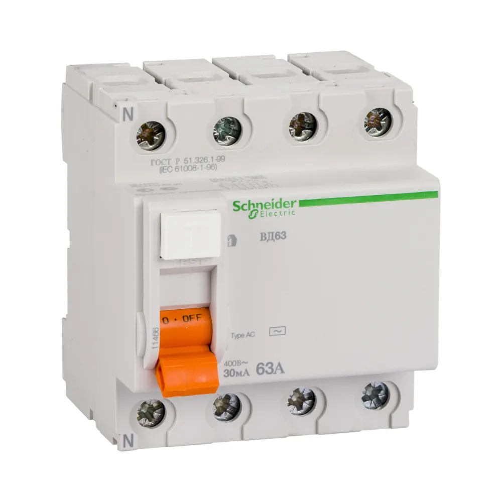 Дифреле (УЗО) Schneider Electric Домовой ВД63 АС 4р 63А 30мА (C1) 11466