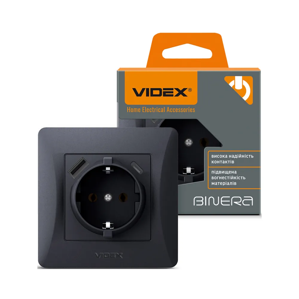 Розетка VIDEX BINERA одинарна із заземленням з USB+USB-C чорний графіт VF-BNSK1GUC-BG