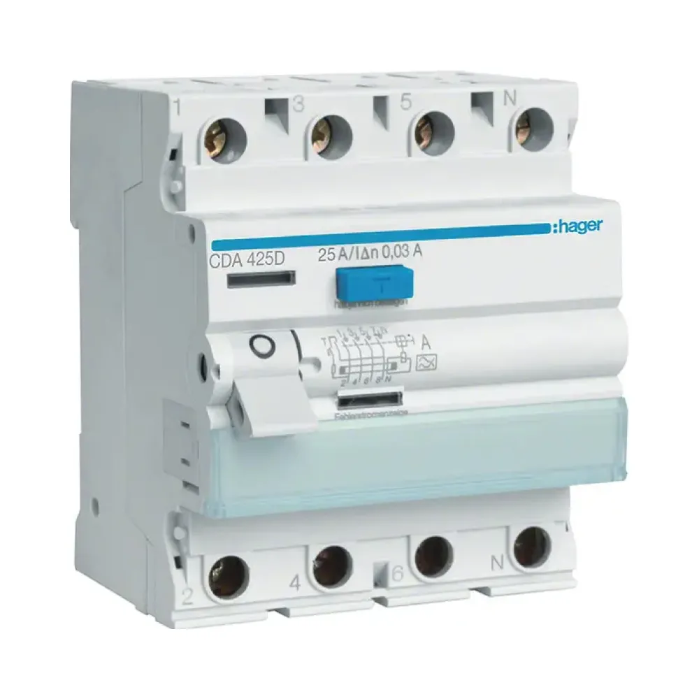 Устройство защитного отключения Hager 4P 6kA 25A 30mA A CDA425D