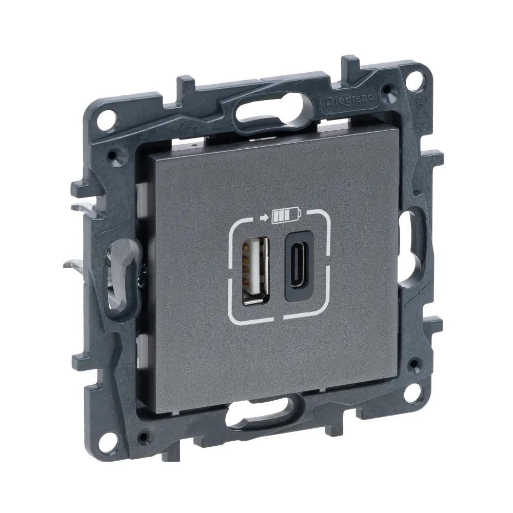 Розетка USB Legrand Niloe Step сталь подвійна А+С 863440