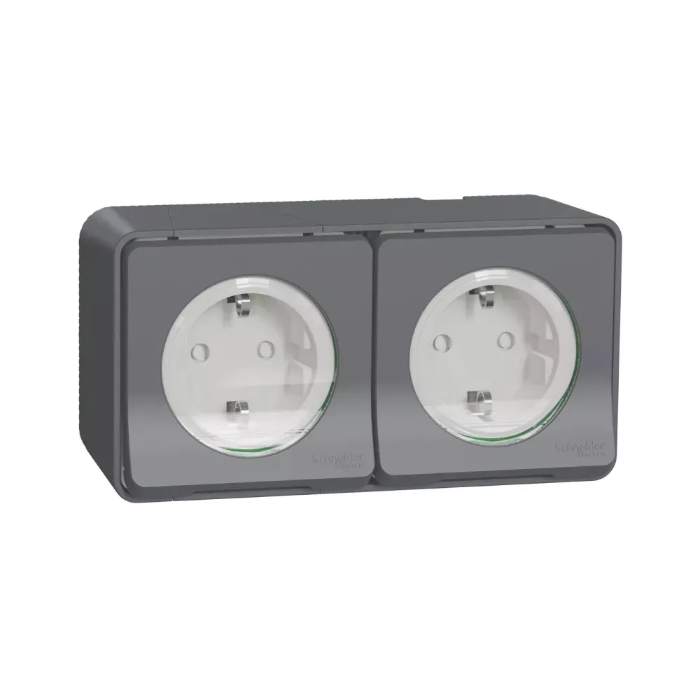 Розетка Schneider Electric MUREVA S черная двойная наружная с заземлением и шторками IP55 (C2) MUR36029