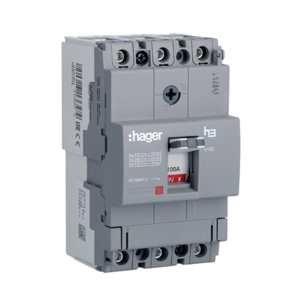 Автоматичний вимикач Hager корпус 160 In=100А 3р 18kA Тфікс./Мфікс HDA100L