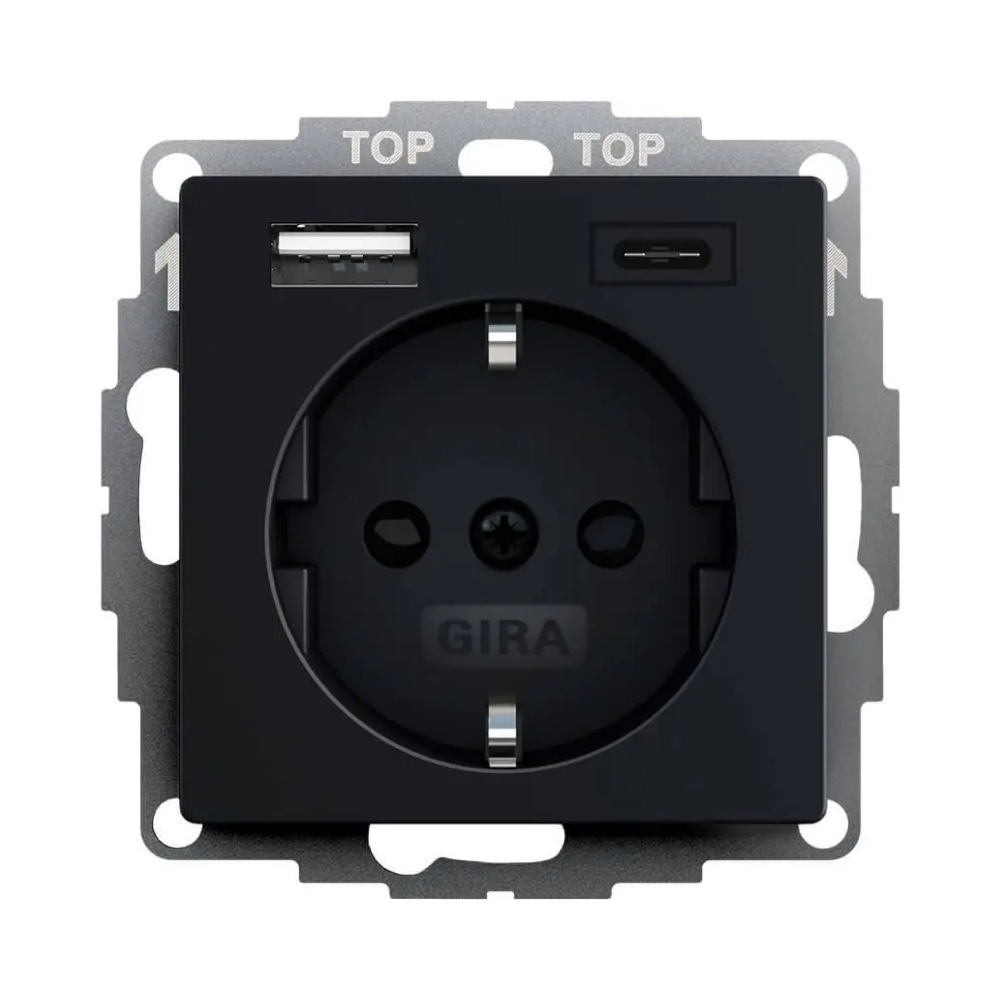 Розетка Gira System 55 з заземленням + 2хUSB A-С чорний матовий 2459005